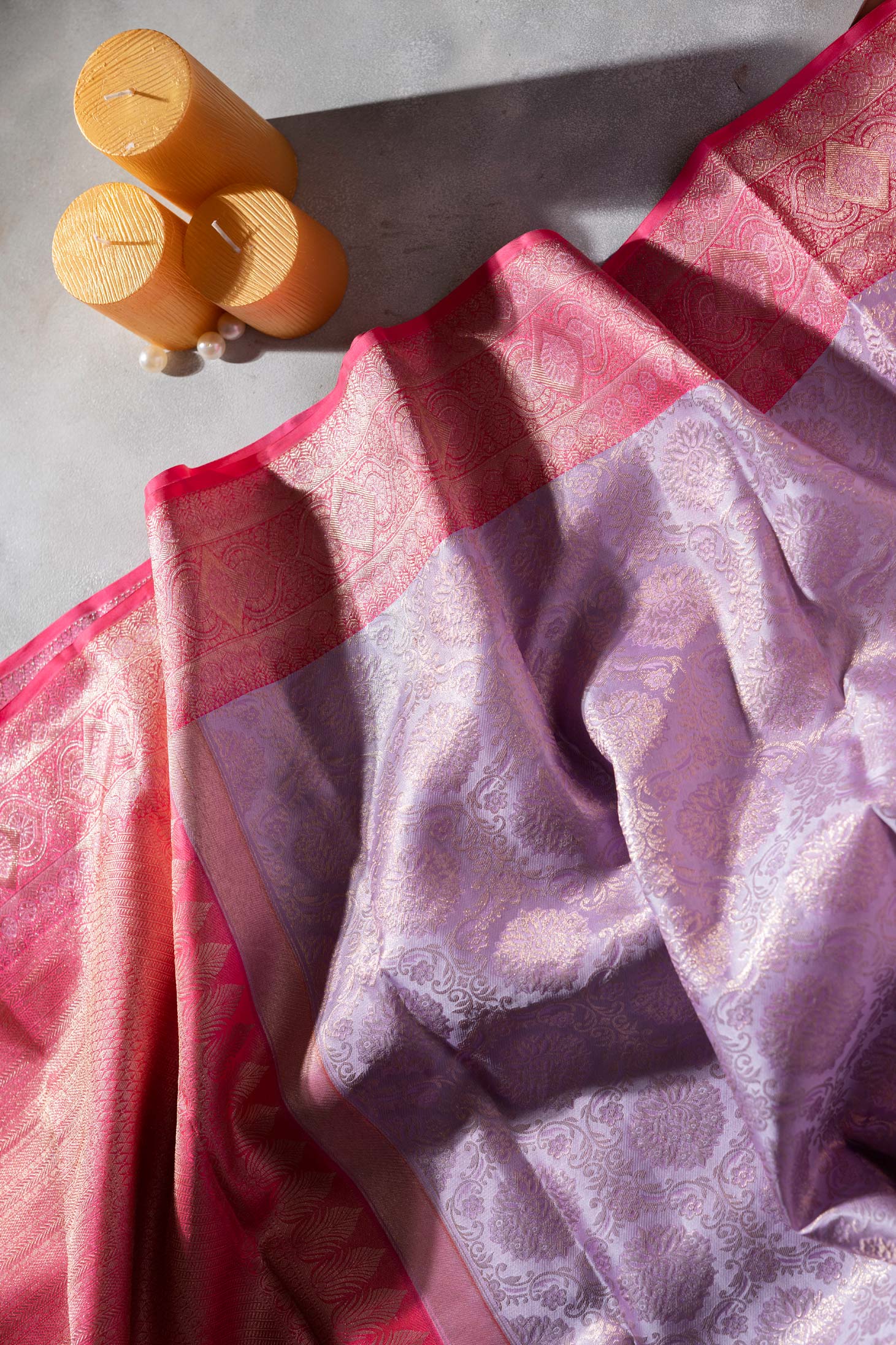 silver silk saree with pink border